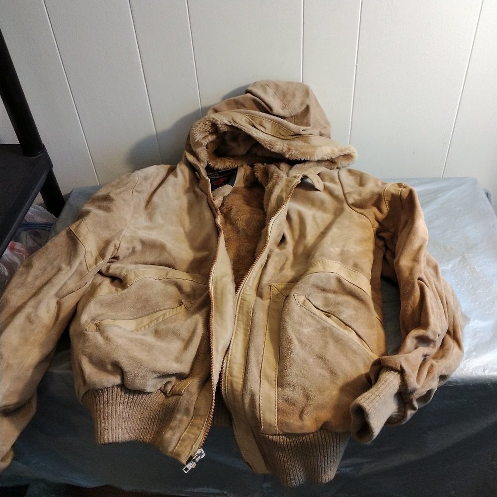 Fantastic International  Mens Brown Suede Leather Jacket 42 with Hood